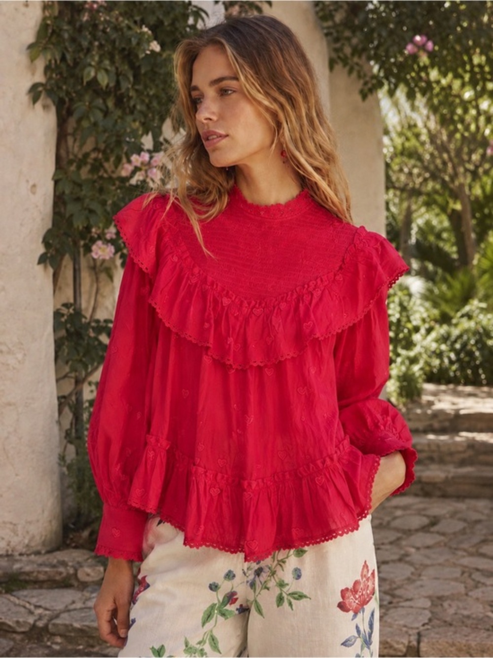 FARM Rio red smocked ruffled 3d heart blouse